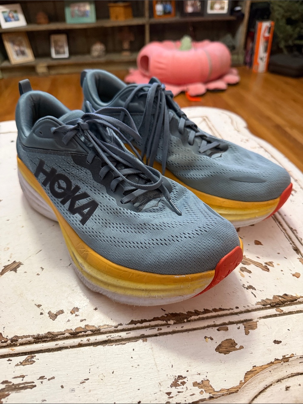 Hoka Men's Gray Athletic Sneakers with Yellow & Orange Accents